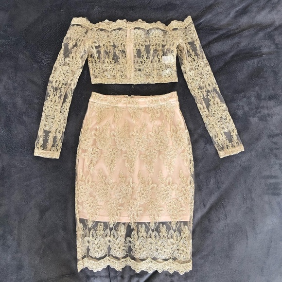 Gold Matching Two Piece Dress Party Outfit - Picture 2 of 3